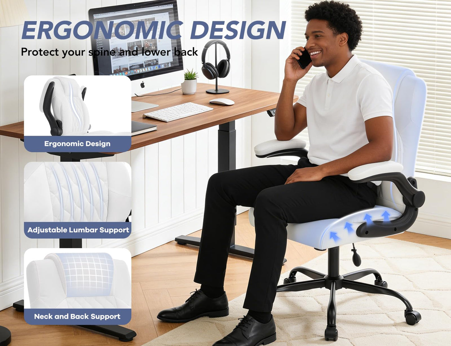 Office Chair with Adjustable Inflatable Lumbar Support,Leather Ergonomic Computer Desk Chair with Flip-up Arms,Adjustable Tilt Lock,Swivel Rolling Executive PC Chair for Work,Study,Meeting.White