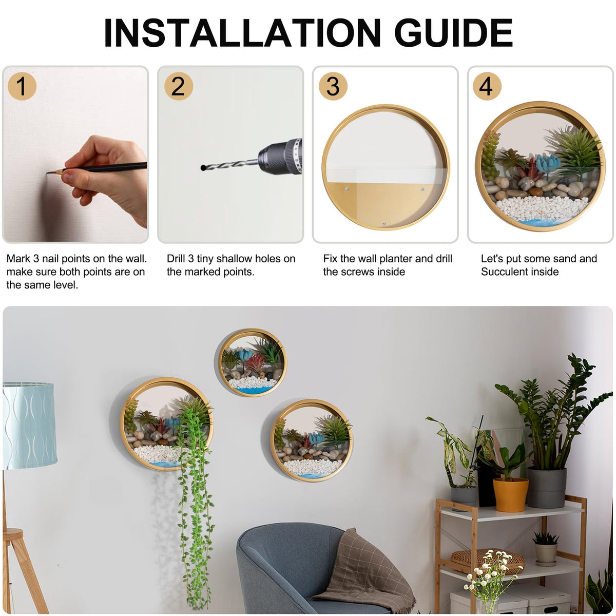 VEVLU Gold Metal Wall Planter Set of 3, Indoor Metal Hanging Planter with 10Pcs Artificial Succulents Wall Decor Round Succulent Planters Air Plant Pots Container for Cactus Home Office Decor