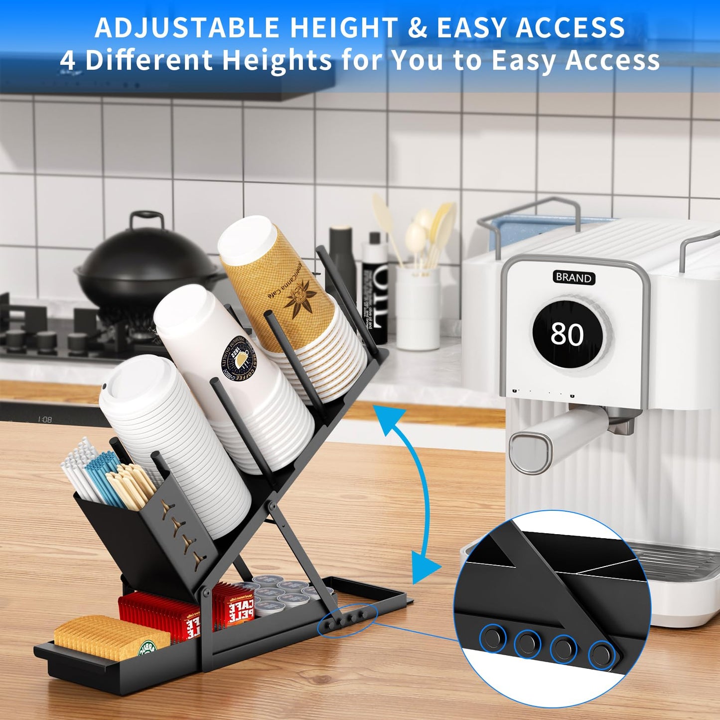 RCHYFEED Cup and Lid Holder with Straw Holder, Metal Cup Holder for Countertop, 5 Compartment Coffee Station Organizer Cup Holder for Coffee Bar Accessories, Disposable Cup Lid Organizer