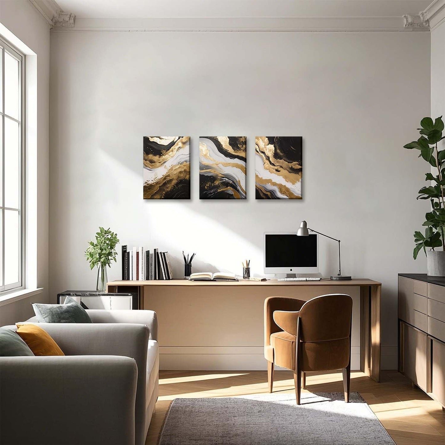 ZQARTZZQ 3 Piece Framed Wall Art Abstract Wall Decor Black Gold Pictures Marble Canvas Art Modern Minimalism Paintings Artwork For Living Room Bedroom Office 12x16in