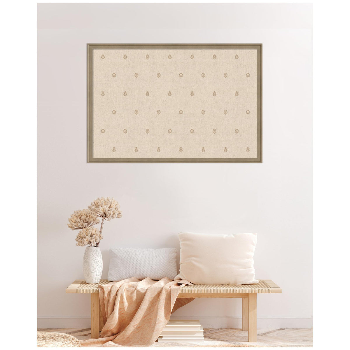 Kate and Laurel Framed Fabric Pinboard 38 x 26, Beige Botanical Block Print Printed Linen Classic Bulletin Board for Use as a Vision Board or Wall Organization, Florence Light Brown Frame