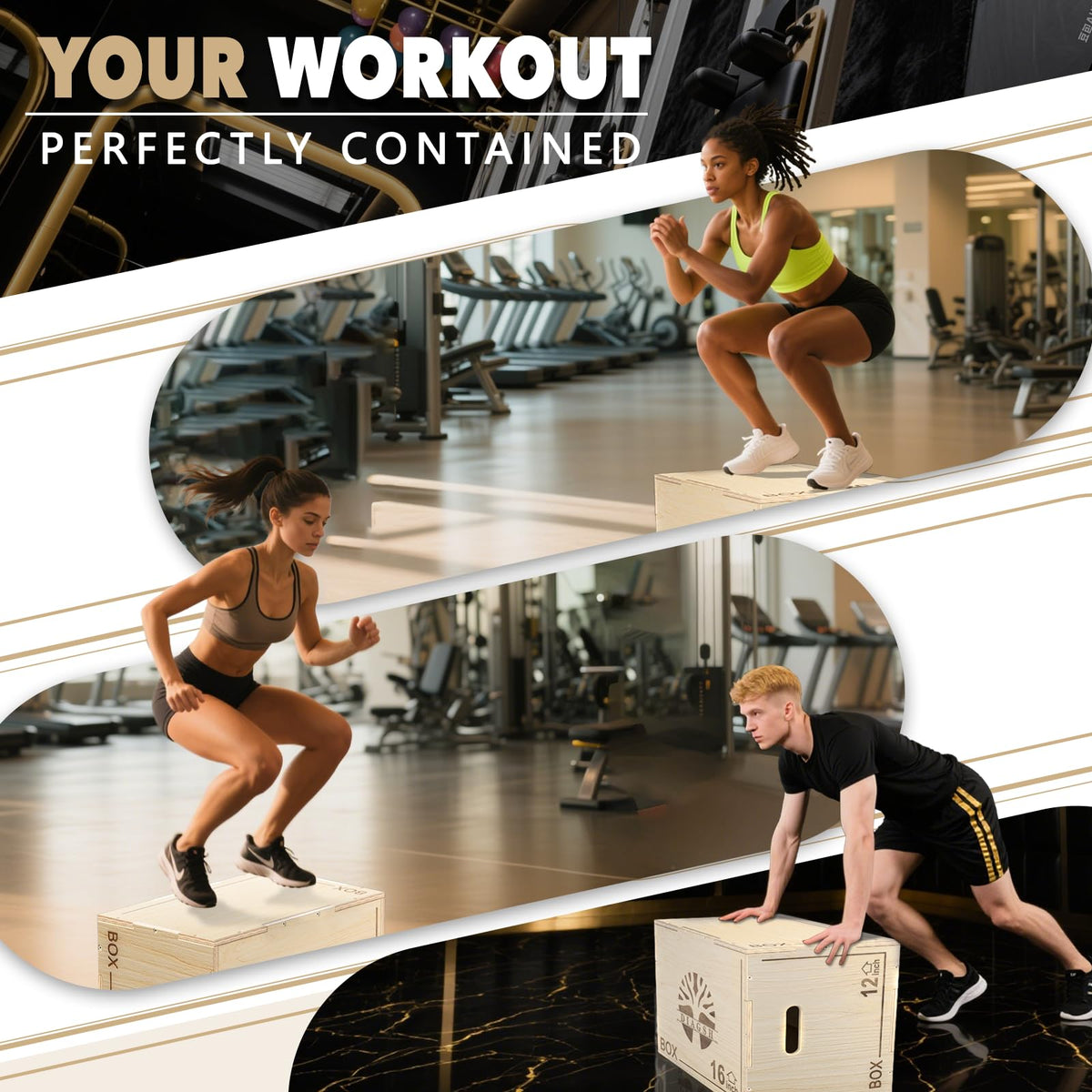Plyo Box - 3-in-1 Wood Plyometric Jump Platform (16"x12"x8") for Home Gym Training - Ideal for Jumps, Squats & Conditioning-1 Piece