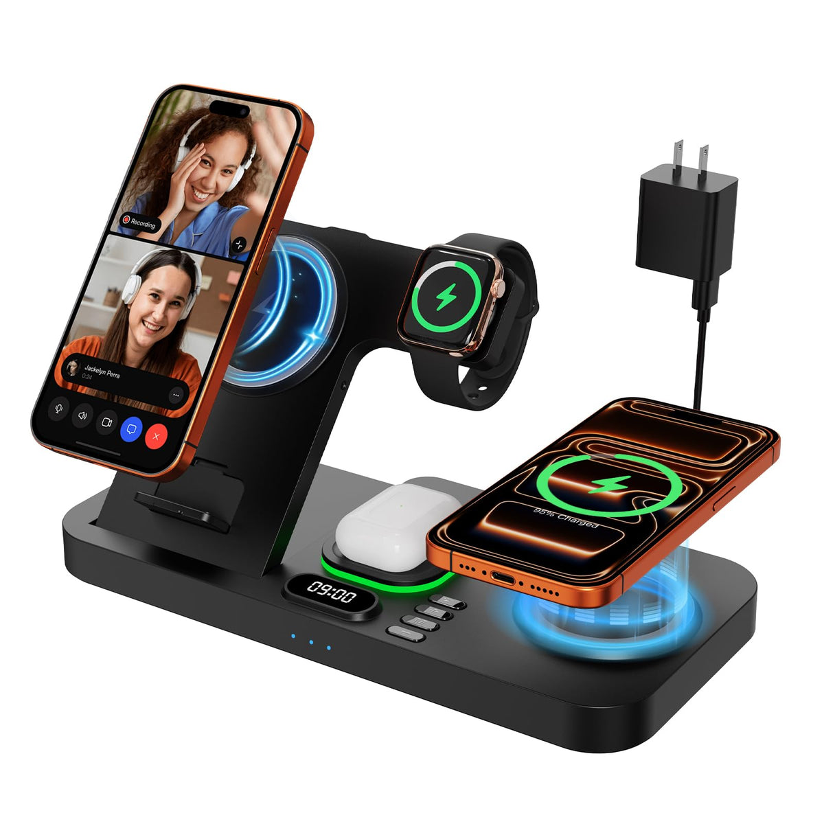 Dual Phone Magnetic Wireless Charging Station for Apple Devices/Apple Ecosystem, 7-Color Auto Light & 12H Clock, Multi-Device Charger for iPhone 17/16/15, for iWatch 11/10/9 & AirPods Pro3(Black