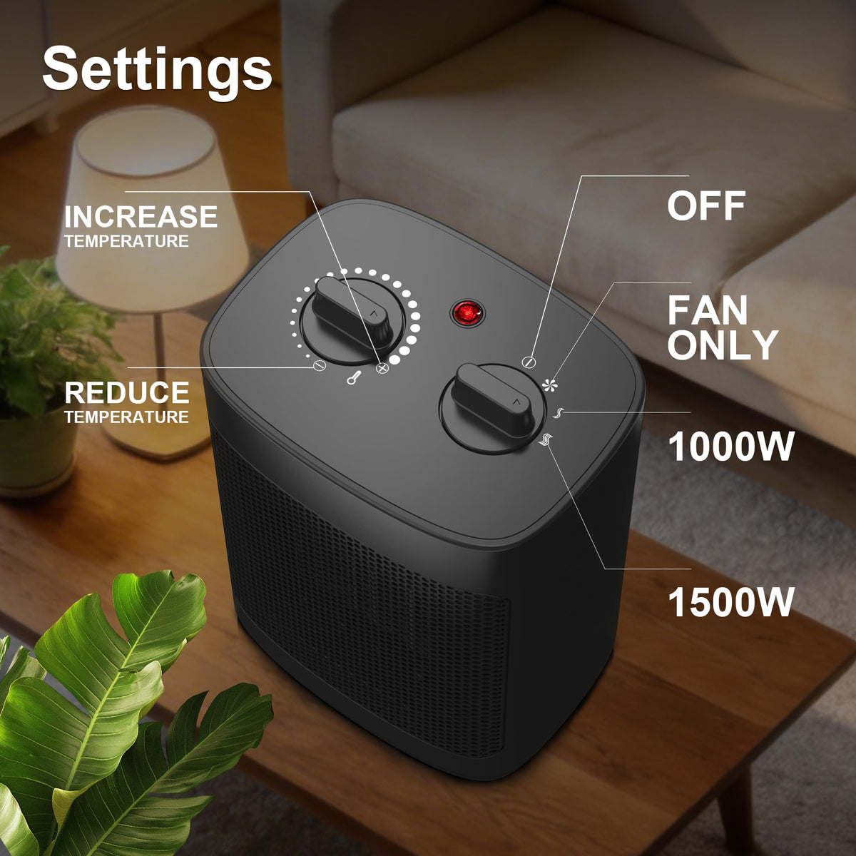 Small Space Heater for Indoor Use 1500W Portable Heater with Wild Range Temperature Adjustment Overheat & Tip Over Protection Electric Heater for Bathroom Black