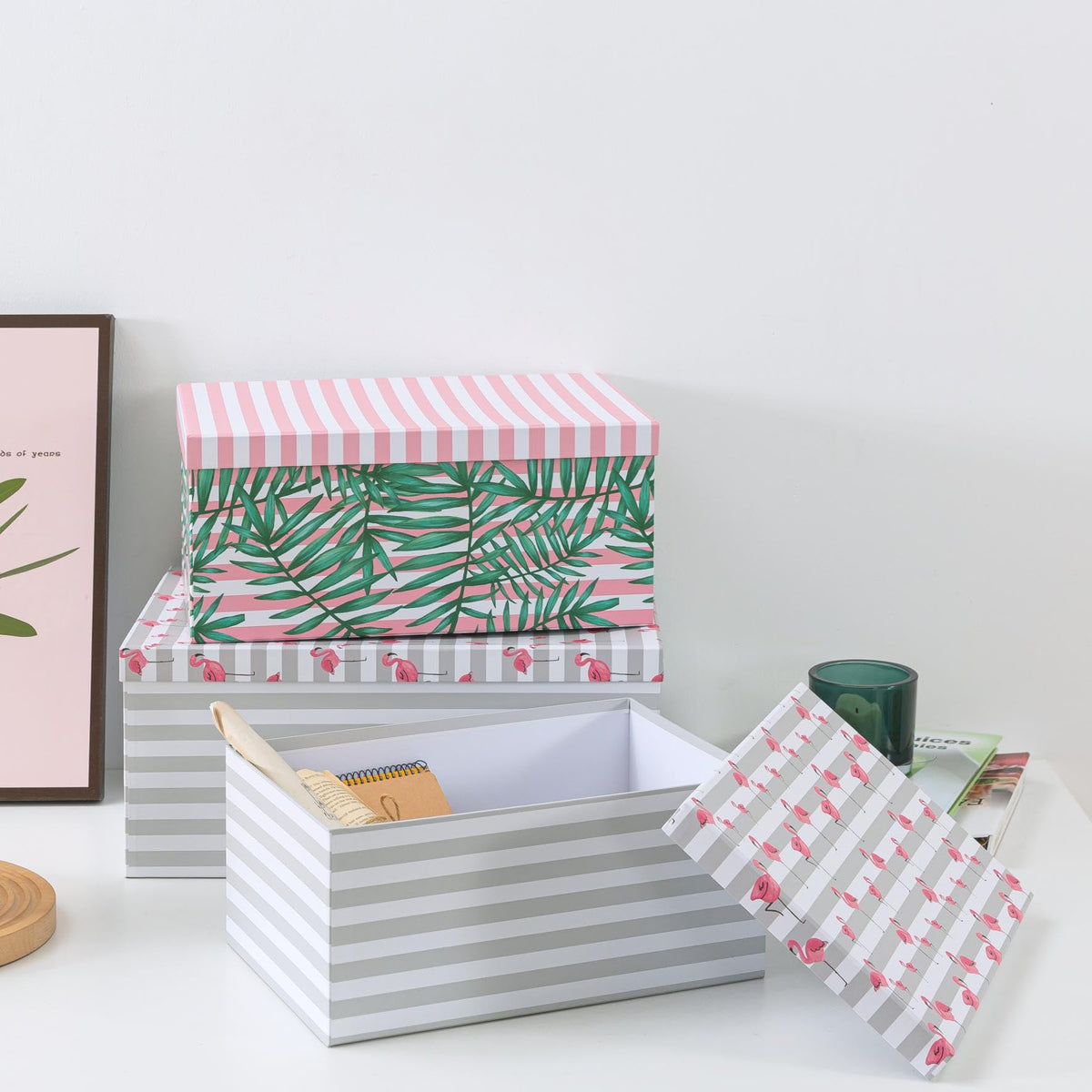 SLPR Decorative Cardboard Storage Boxes With Lids For Home Décor, Set of 3 Pink Flamingo Paperboard Nesting Gift Boxes, Palm Leaves Large Picture and Photo Storage for Keepsakes