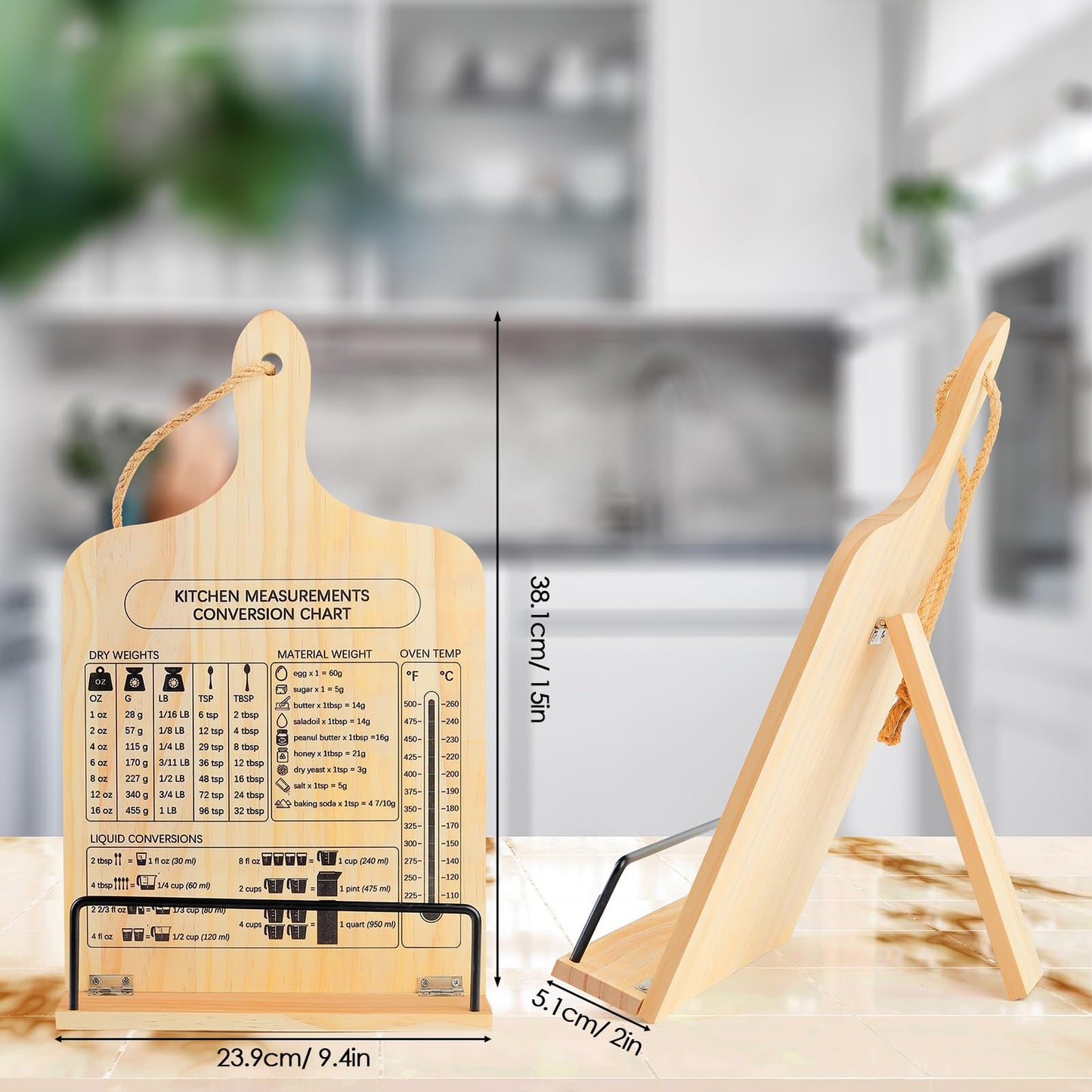 comfoyar Cookbook Stand for Kitchen Counter, Sturdy Recipe Book Holder with Adjustable Angle, Foldable Wood Cook Book Stand Holder with Measurement Conversion Chart, Easy Storage