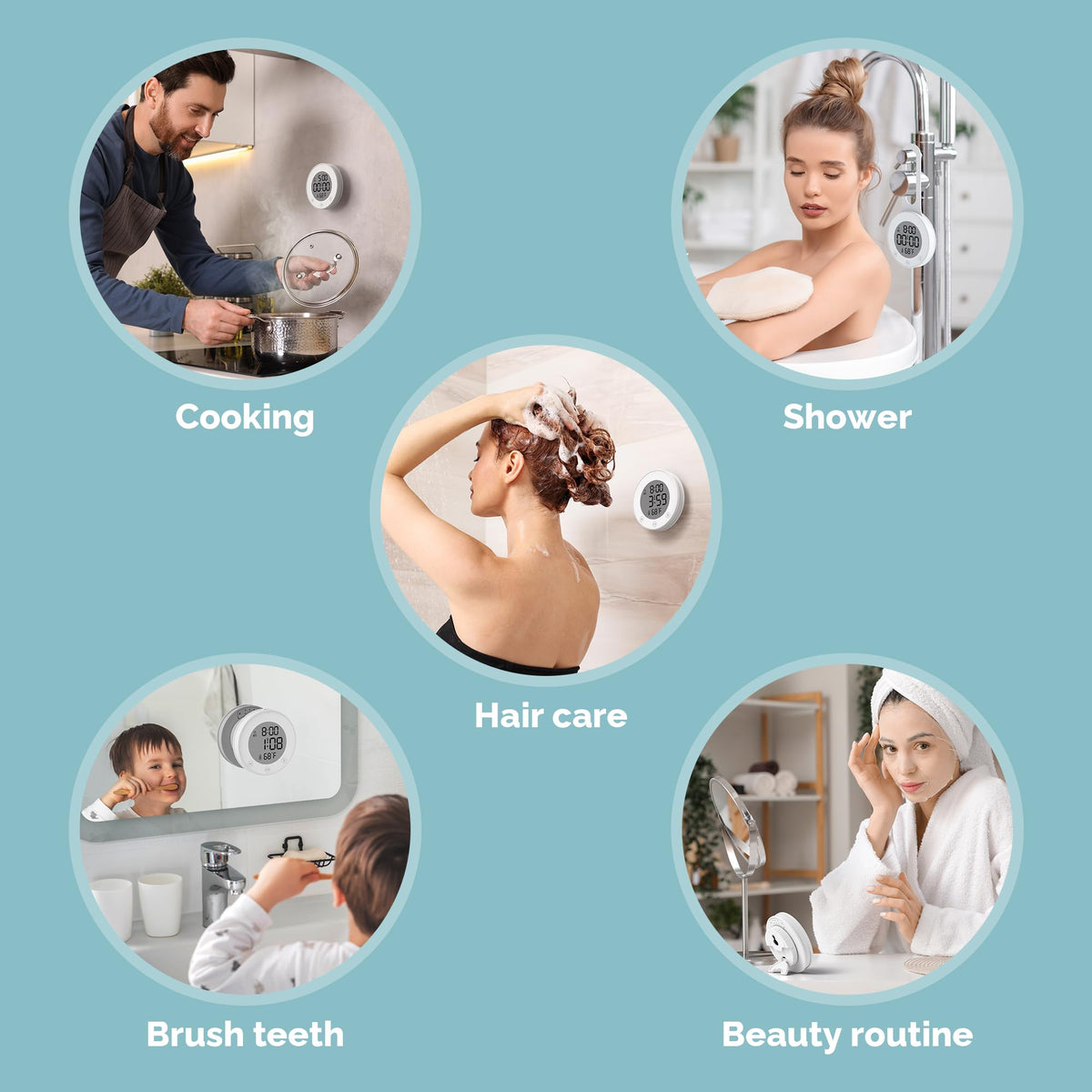 KADAMS Shower Timer Clock Waterproof Bathroom Timer – Digital Wall Clock with Countup Countdown, Magnetic Kitchen ClockTimer with Temperature, Suction Cup Kids Shower Spa Cook Bath (3.54, Pearl White)