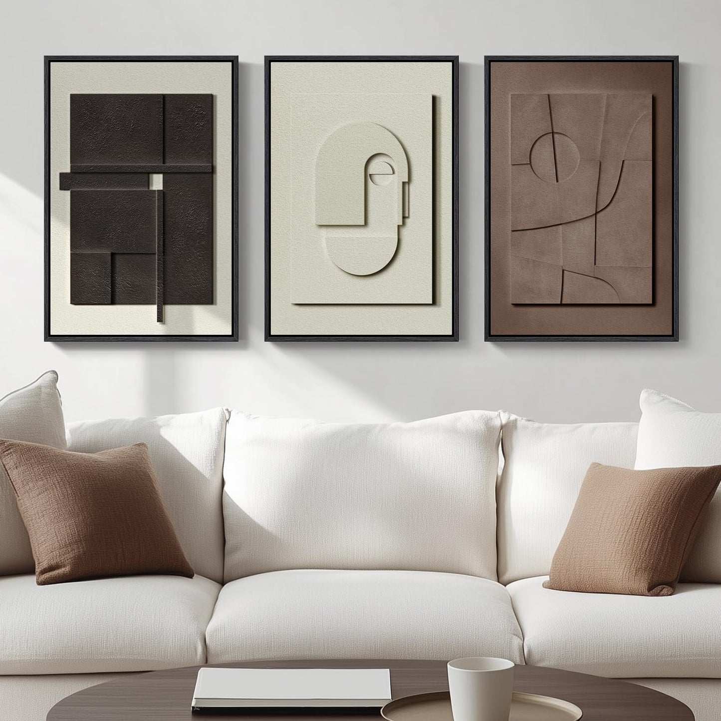 3D Textured Framed Abstract Wall Art, 3 Piece Modern Paintings Artwork for Walls, Black White Brown Geometric Sandstone Texture Pictures for Living Room Dining Room Bedroom Office Wall Decor 16x24 In