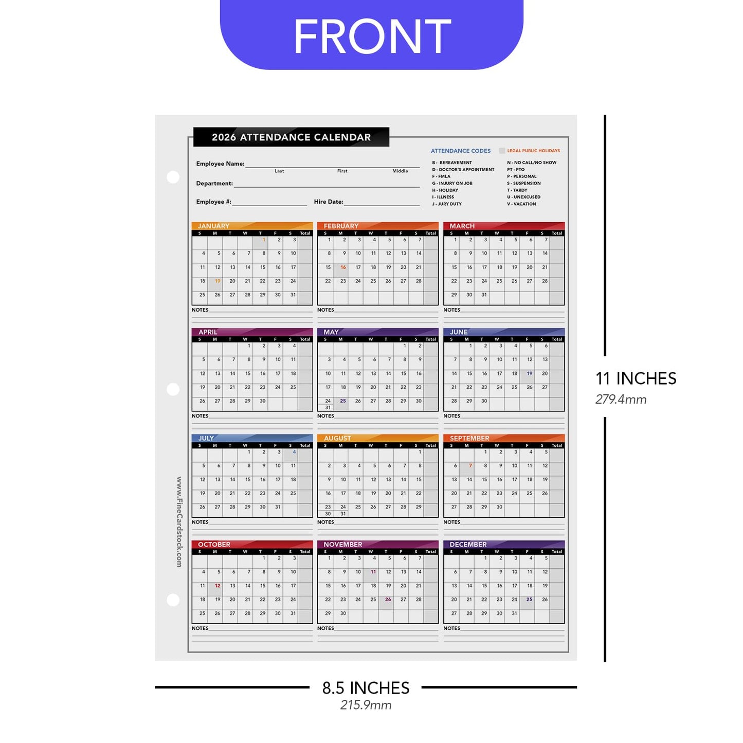 2026 Attendance Calendar – Great Employee Daily Attendance Work Tracker – Bright and Colorful, Printed on Durable and Thick 80lb Cover Cardstock – 3 Hole Punched – 8.5 x 11" – 25 Sheets per Pack
