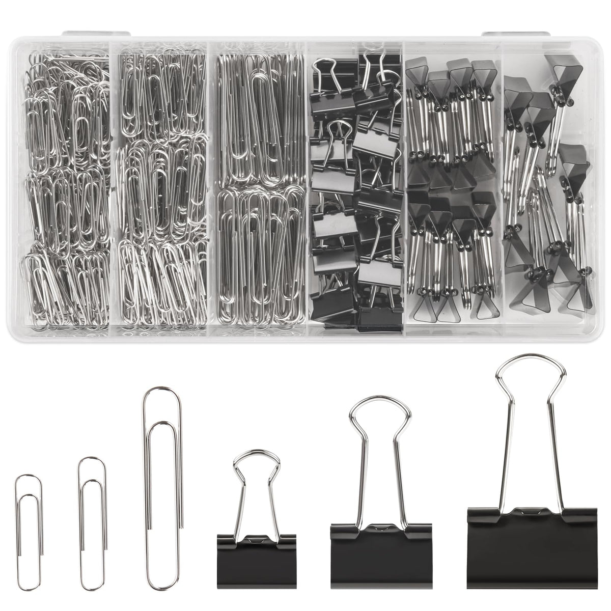 500PCS Paper Clips and Binder Clips Assorted Sizes,3 Sizes in One Pack, Large, Medium, Small,Silver PaperClips & Black Binder Clips for Home, School, Office Supplies
