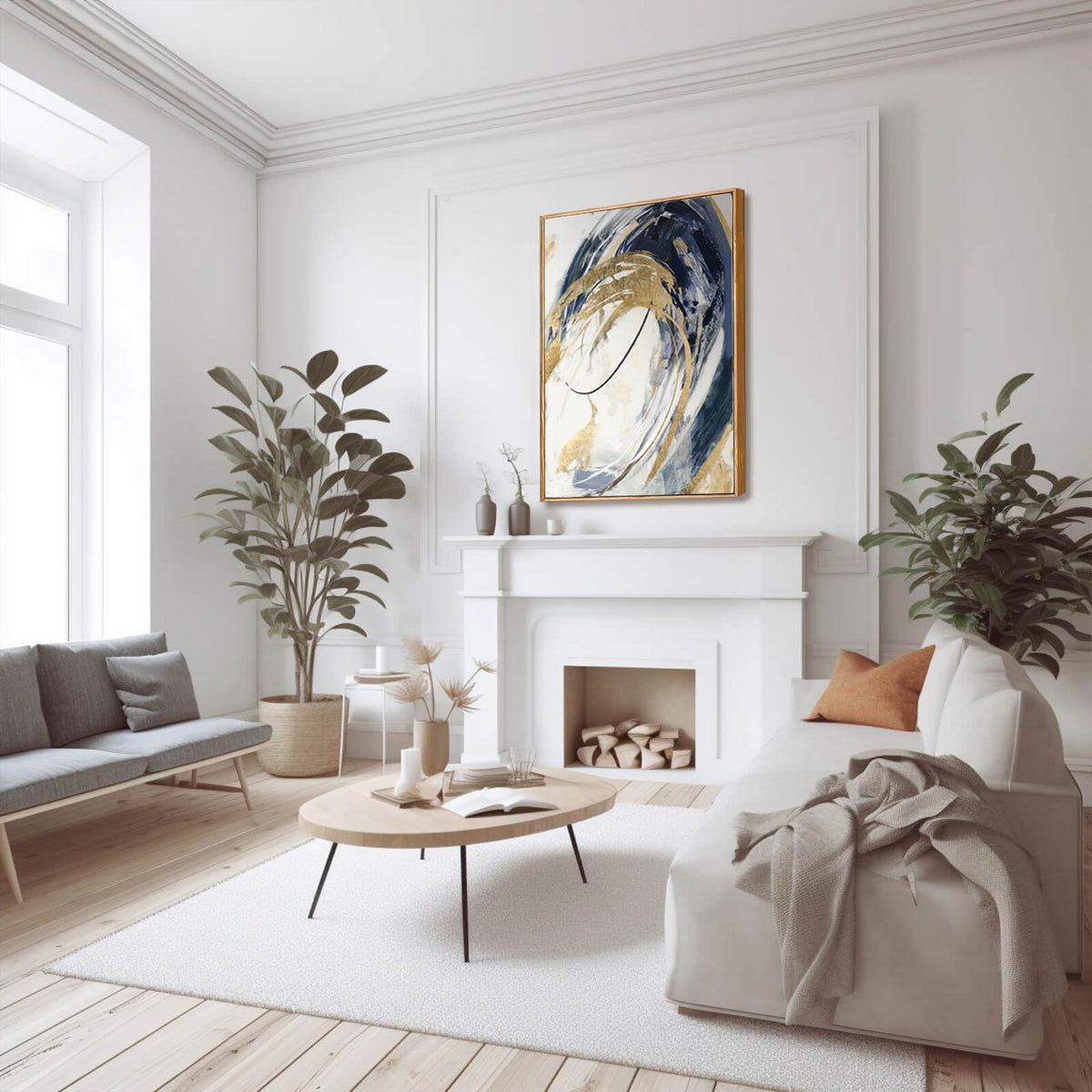 SDYA Gold Wall Decor Living Room Abstract Wall Art Blue Paintings Bedroom Aesthetic Frame Wall Decorations Large Artwork for Home Office 24x36 Inch