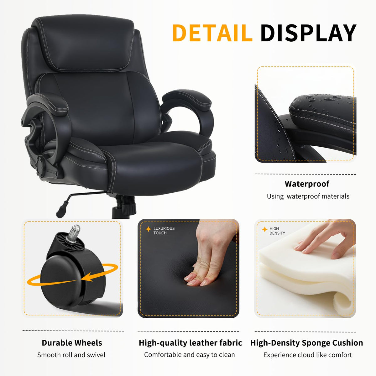 BestOffice Big and Tall Heavy Duty Office Chair 400lbs Wide Seat Ergonomic Computer Desk Chair with Arms and Lumbar Support High Back PU Leather Executive Task Computer Chair for Back Pain, Black