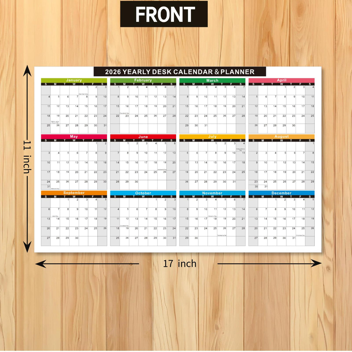 2026 Wall Desk Calendar 11x17 Inch, Reversible 2-Sided Horizontal or Vertical, 12 Month with Generous Block Space & Holidays Marked for Office, Home, School - 2 Pack (1 Laminated & 1 Cardstock)