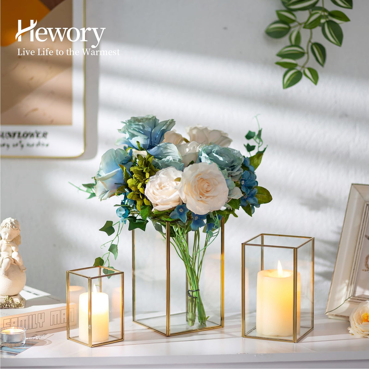 Glass Hurricane Candle Holder Large - Hewory 3pcs Gold Rectangle Flower Holders Centerpiece for Table, Tall Floor Square Pillar Candle Lantern for Wedding, Anniversary, Party, Fireplace, Dining Room