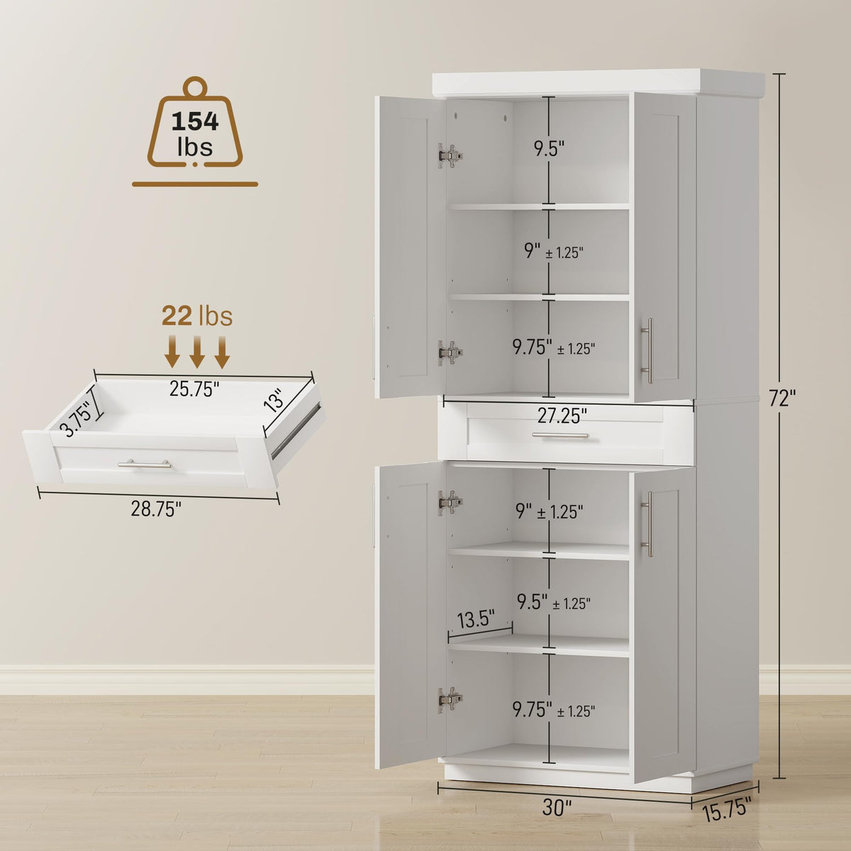 HOMCOM 72" Kitchen Pantry Cabinet, Freestanding Tall Storage Cabinet with 4 Doors, Drawer and 3 Adjustable Shelves for Dining Room, White