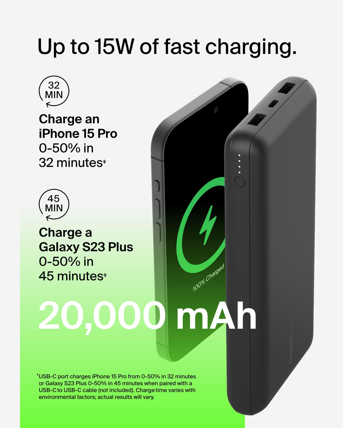Belkin Portable Charger, USB-C Power Bank 20000 mAh w/ 2 USB-A Ports, 15W w/ Type-A to Type-C Cable - iPhone 17, Air, Pro, Pro Max, AirPods, Apple Watch, Samsung Galaxy S25, Google Pixel 10 - Black