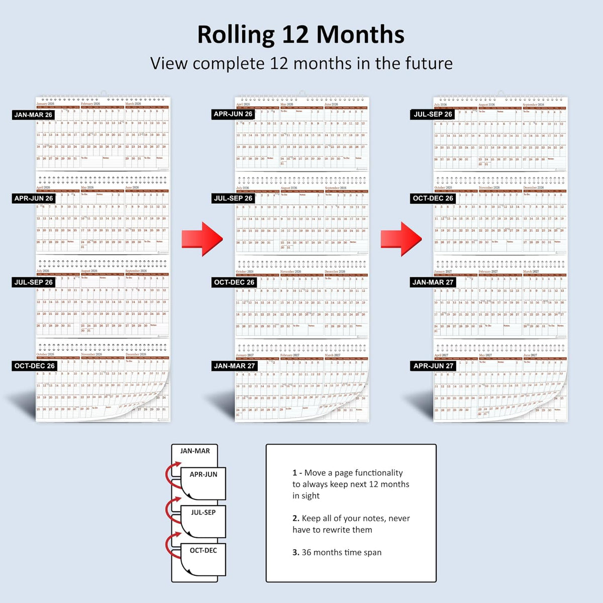 2026-2029 Yearly Wall Calendar by STRIVE ZEN, Quarterly Planner, Move a Page, Julian Date, January 2026 to December 2029, Thick Paper, Vertical, Rolling 12 months, 36" x 17", 4 Full Years, 48 Months