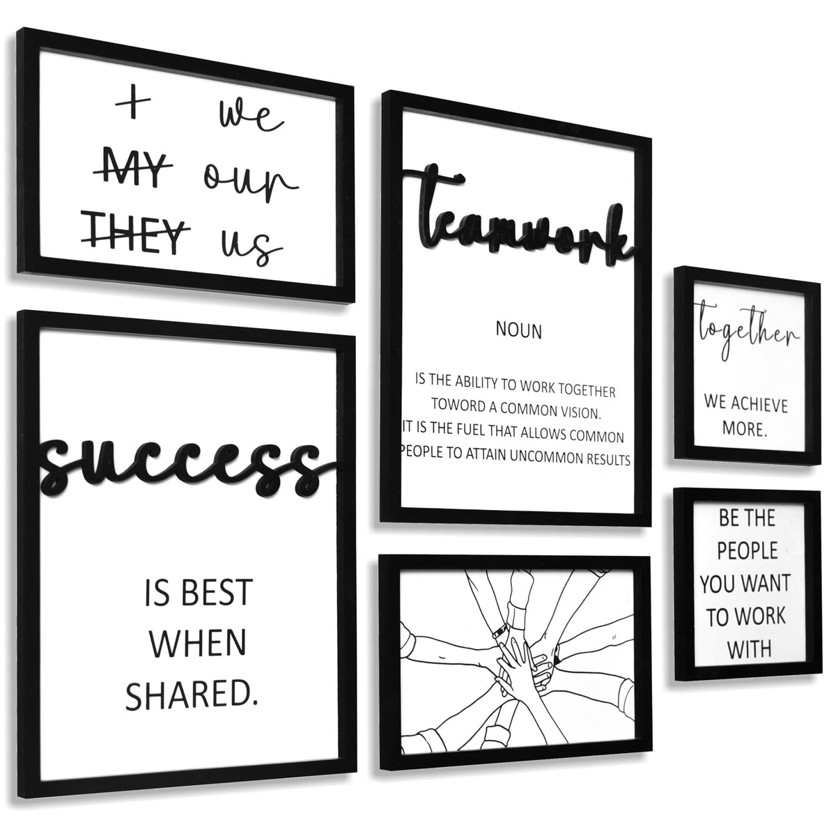 3D Wood Office Wall Art, Framed Inspirational Teamwork Wall Art, Motivational Quotes Wall Decor for Office Break Conference Room (Set of 6, Framed, Ready to Hang)