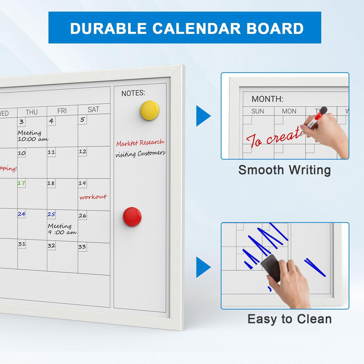Comix Dry Erase Calendar for Wall, Magnetic Calendar Whiteboard with White Wood Frame, 24 * 18 inches Decorative Planner Board for Office, Kitchen, School, Home