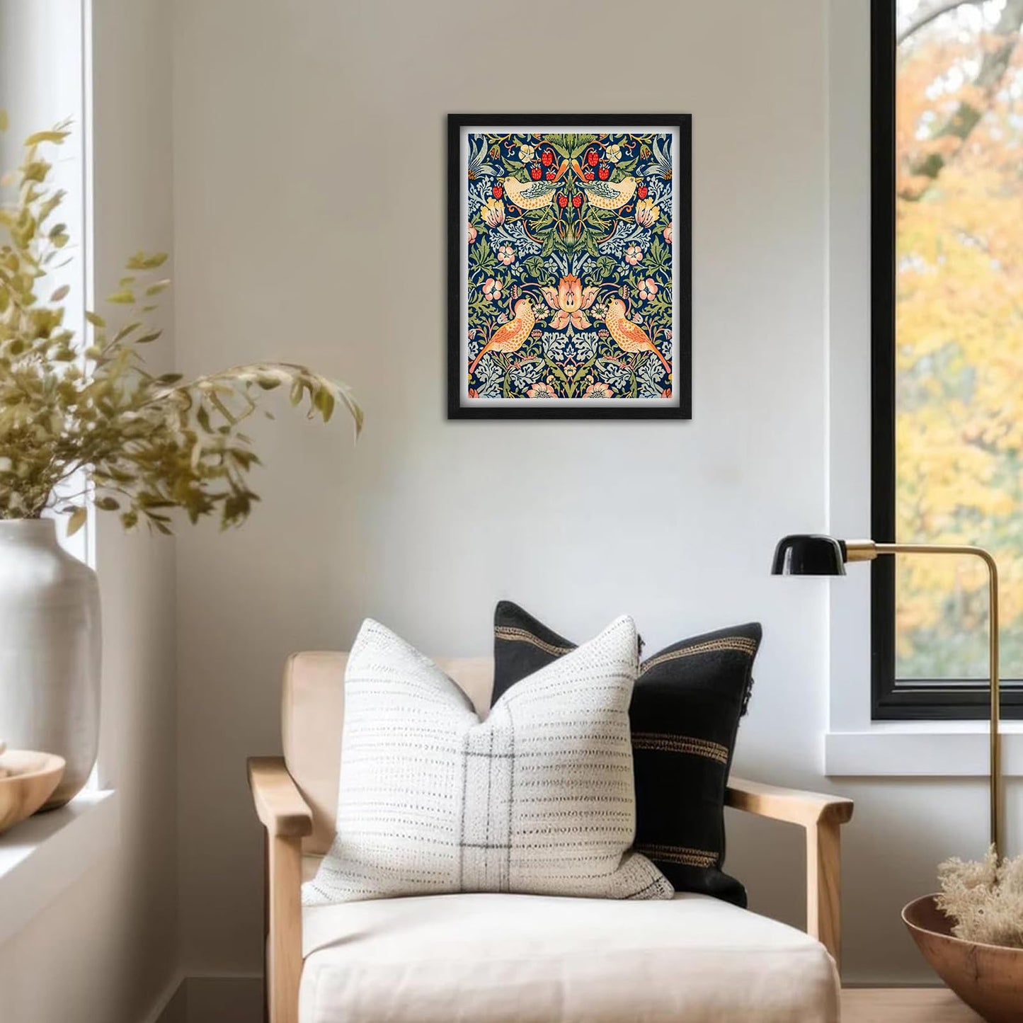 Framed William Morris Wall Art Floral Bird Decor 11" Lx14 W, Animal Artwork Wall Pictures Modern Aesthetic Canvas Prints for Living Room Bedroom Bathroom Office Kitchen Decoration