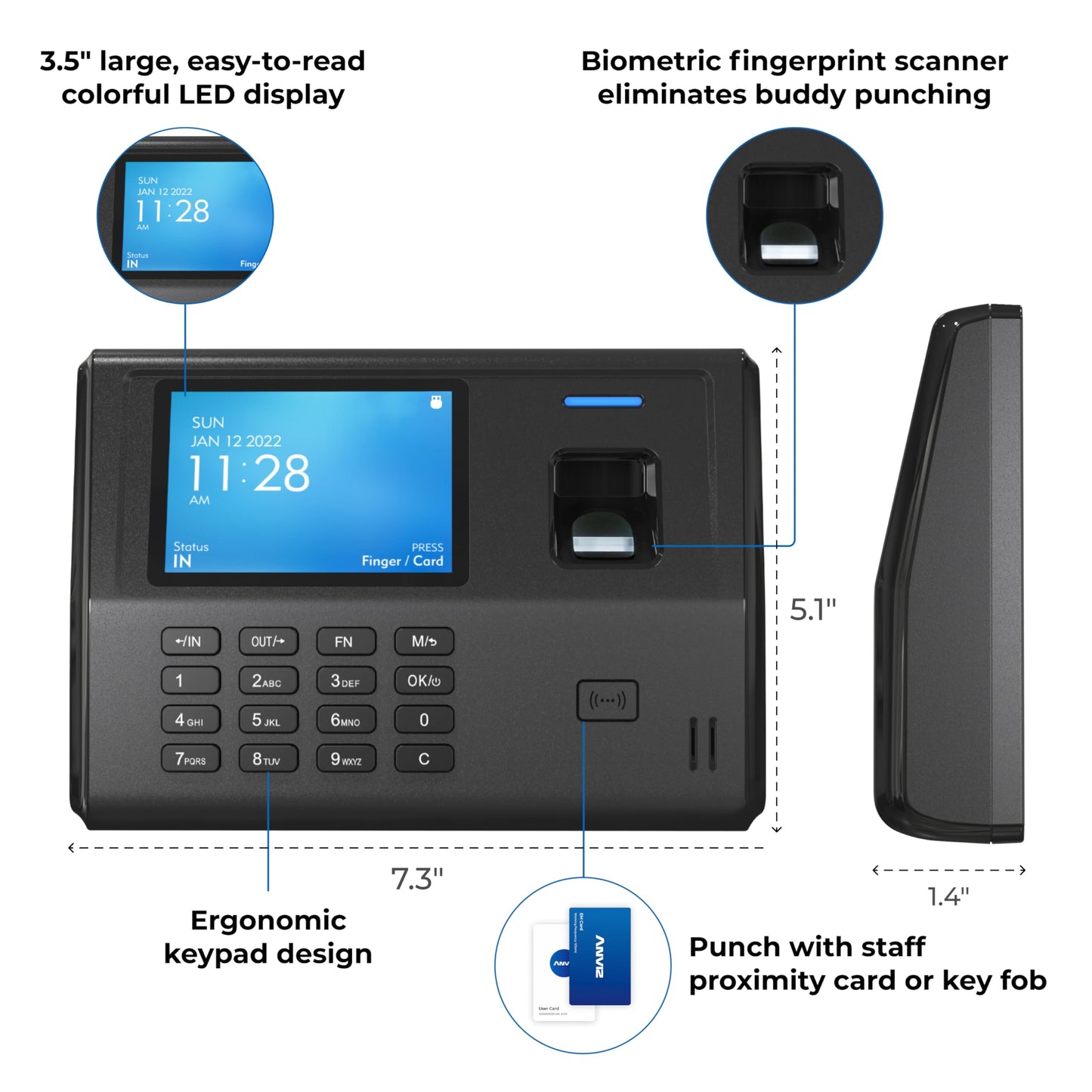 ANVIZ Time Clocks for Small Business Employees CX3 - No Monthly Fee No Software Required - Fingerprint Biometric Clock in and Out Machine - Right Out of The Box, Finger + RFID + Pin Punching