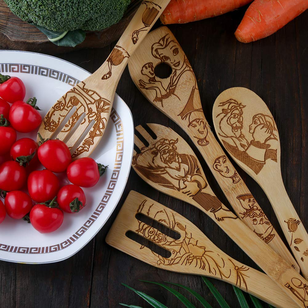 Beauty and the Beast Burned Wooden Spoons Cooking &Serving Utensils Set Bamboo Spoon Slotted Kitchen Utensil Fun Gift Idea Warming Present (Set of 5)