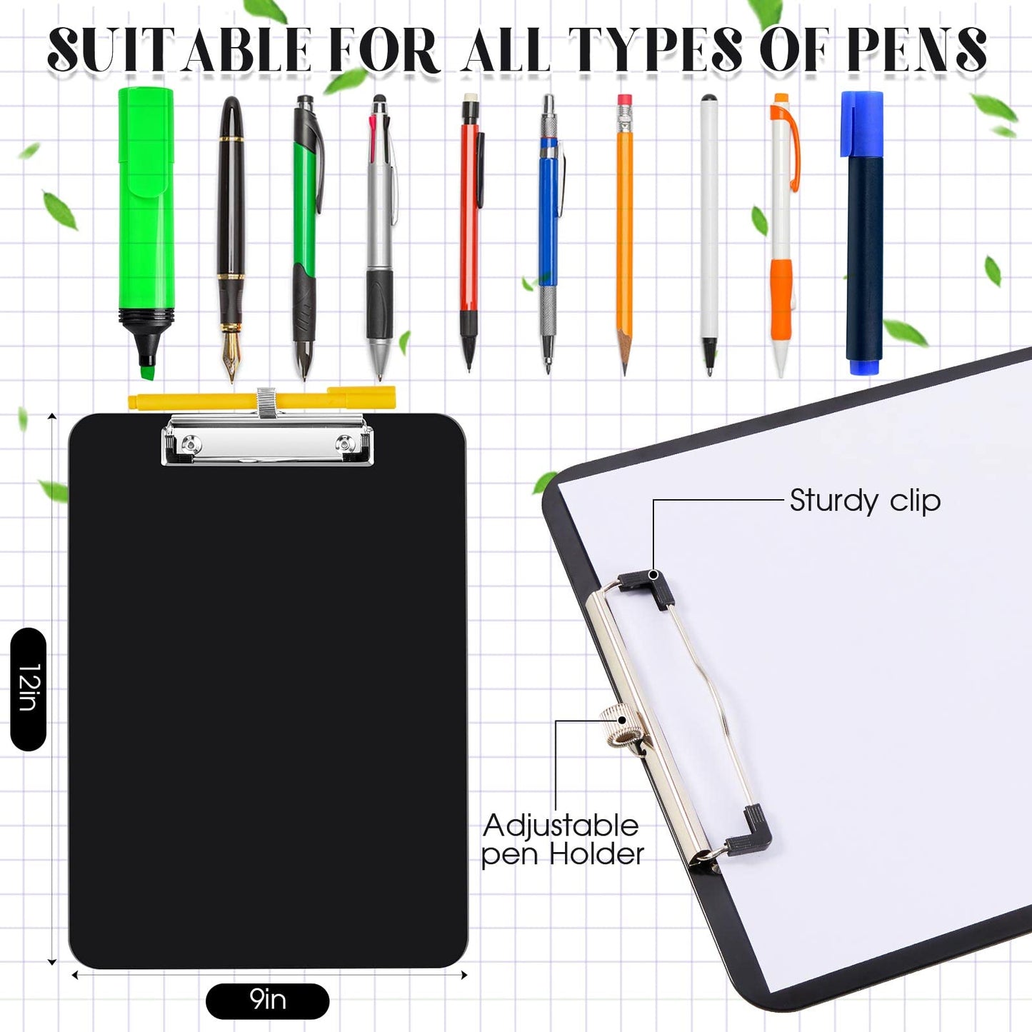 Jetec 4 Pcs Black Clipboards with Pen Holder, 12 x 9 Inch Hanging Plastic Board with Metal Clip, Holds 100 Sheets for Letter A4 Size Paper, Teachers Students Nurses Must Haves, School, Office Supplies