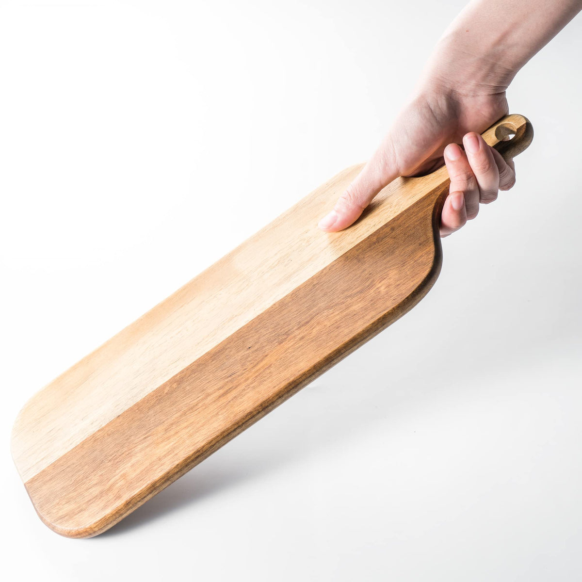 BILL.F Acacia Wood Cutting Board with Handle Small Size Long Wooden Charcuterie Board Paddle Cheese Board Serving Boards for Kitchen Meat, Pizza,Cheese, Bread, Vegetables &Fruits 16'' x 4.7'' x 0.6''