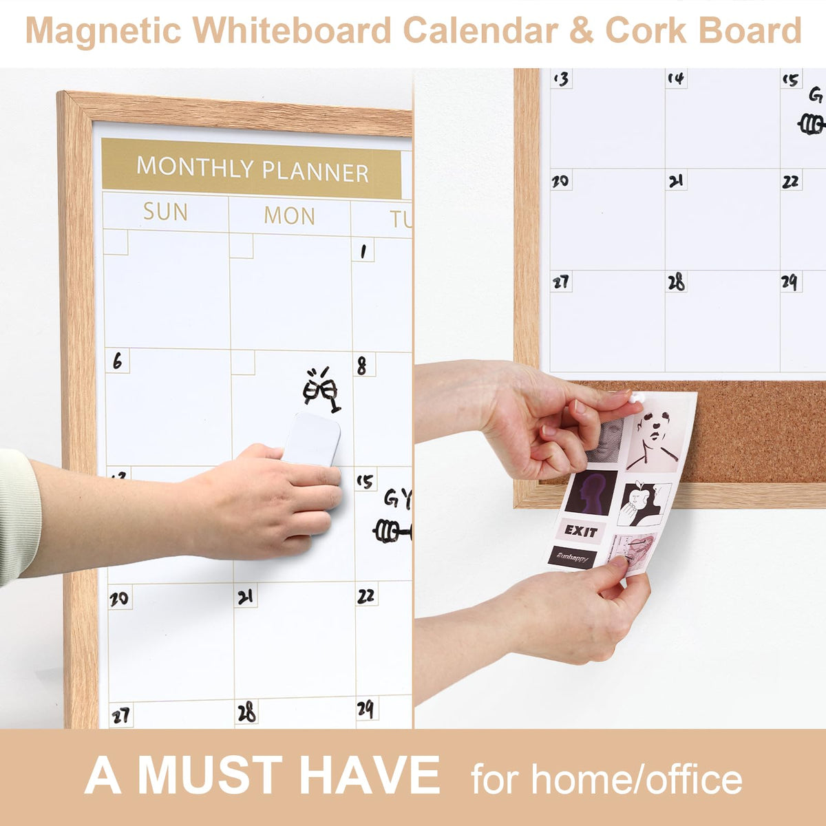 ARCOBIS Calendar Whiteboard with Cork Board, 36"x24" Wood Frame Dry Erase Calendar for Wall, Magnetic Monthly Combination Board for Home, Office, School, Kitchen, Beige