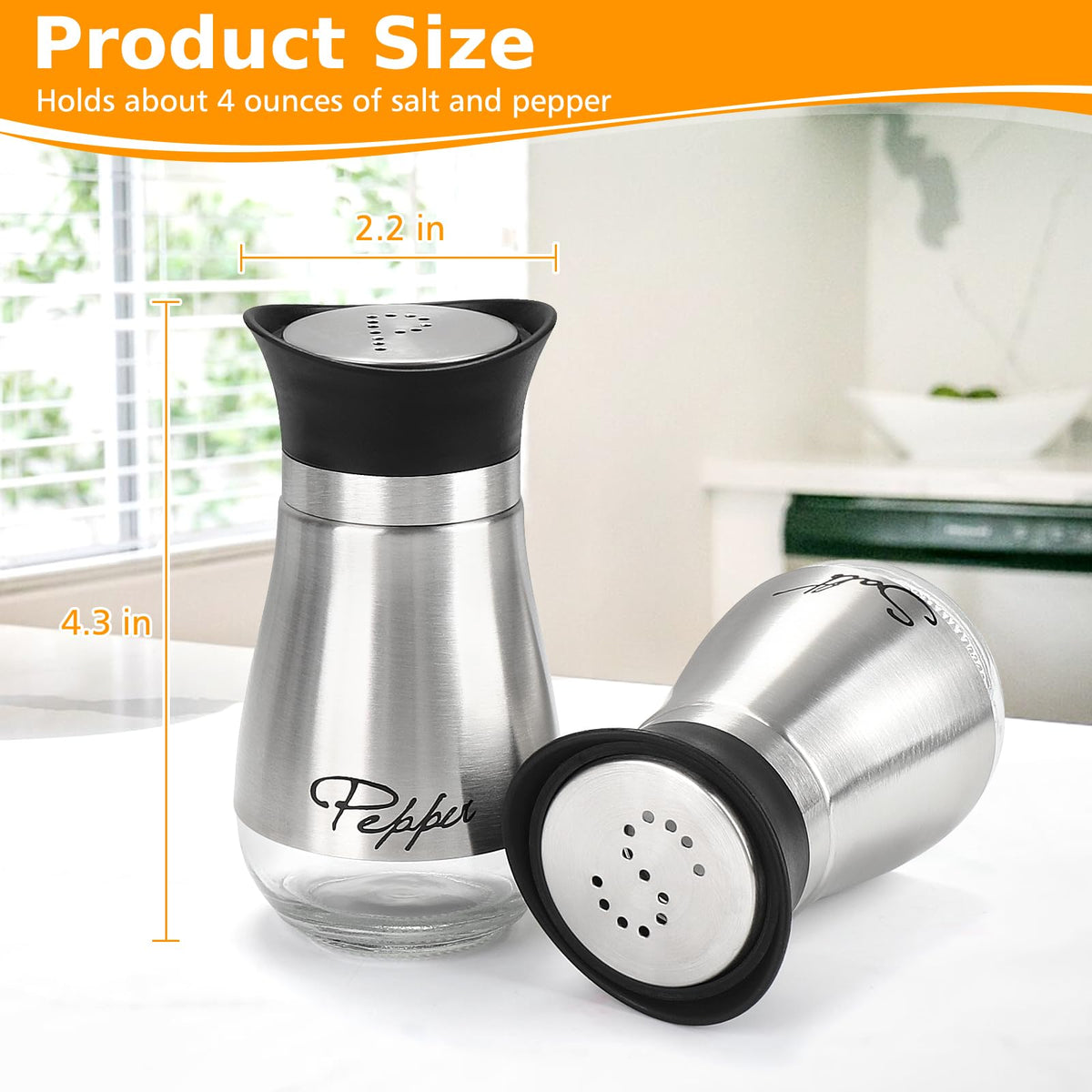 Accmor Salt and Pepper Shakers Set with Holder, 4 oz Stainless Steel Salt Pepper Shaker Containers with Glass Bottom for Kitchen Cooking, BBQ, Bar, Table, RV, Camp