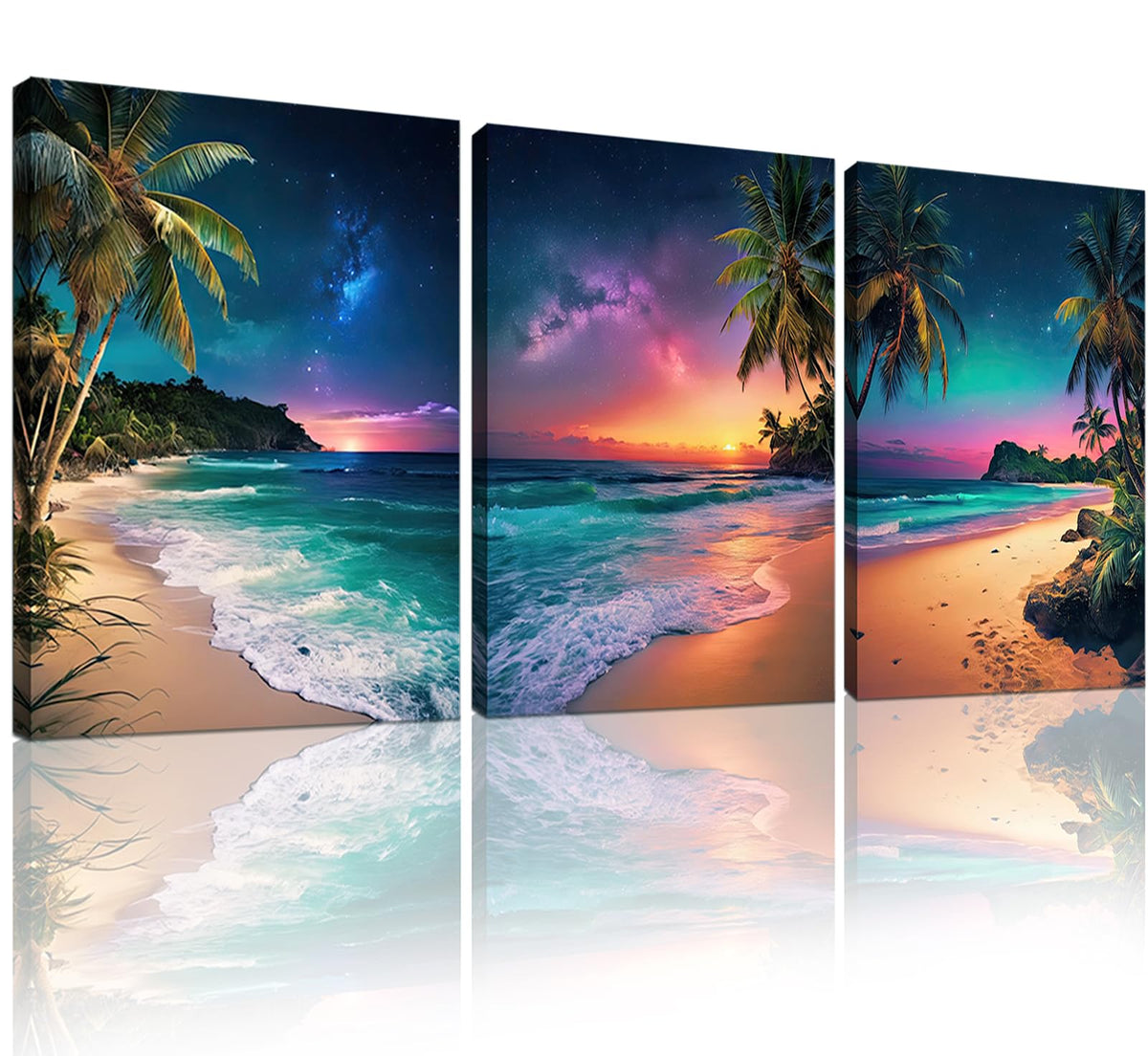 weiyiart 3 Panels Palm Tree Beach Wall Art, Cool Ocean Sunset with Northern Lights Canvas Prints, Tropical Coastal Seascape Decor for Living Room Bedroom Bathroom Office, 12"x16"x3pcs