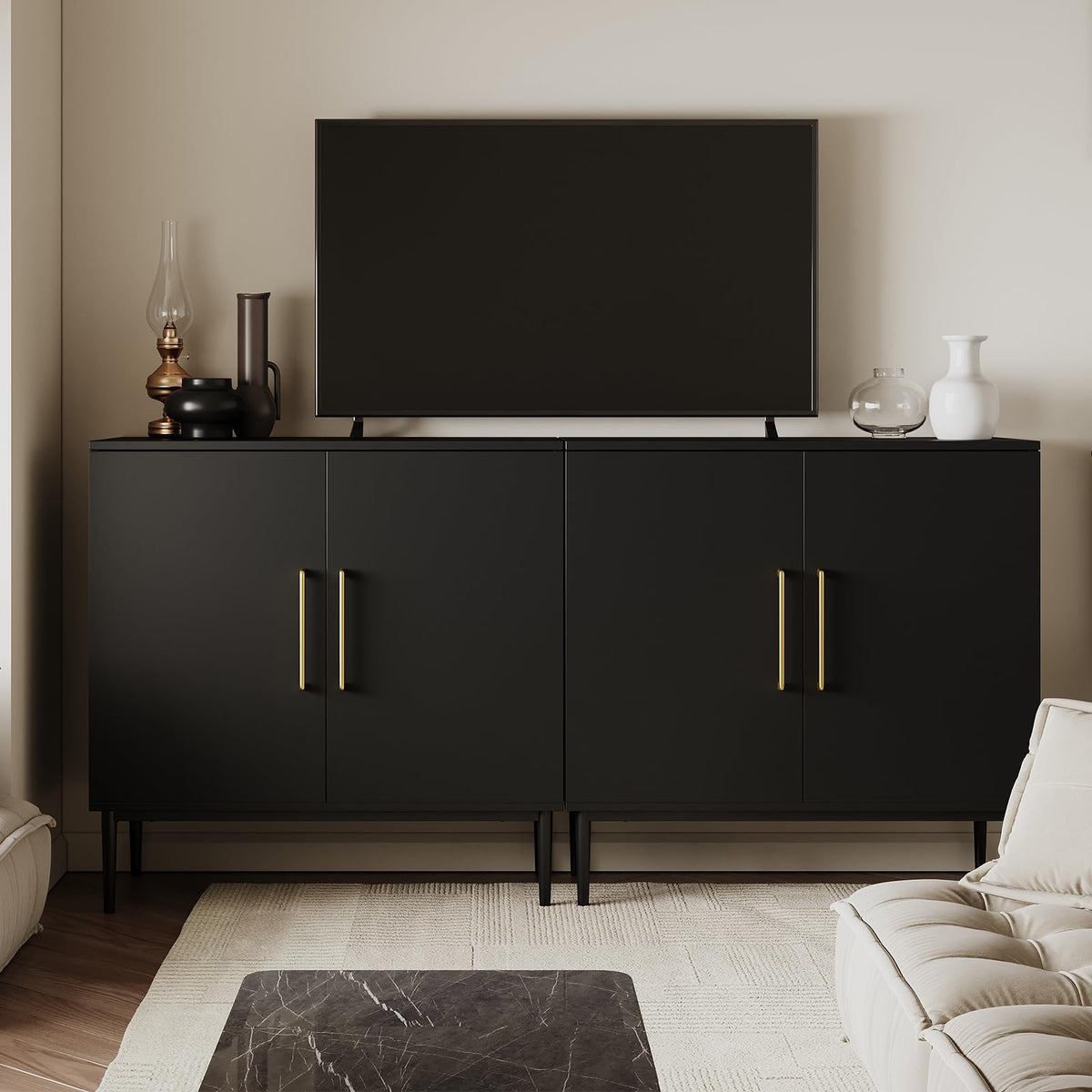 REHOOPEX Storage Cabinet with Doors, Modern Black Accent Cabinet, Free Standing Cabinet, Wooden Buffet Sideboards for Living Room, Kitchen,Home Office