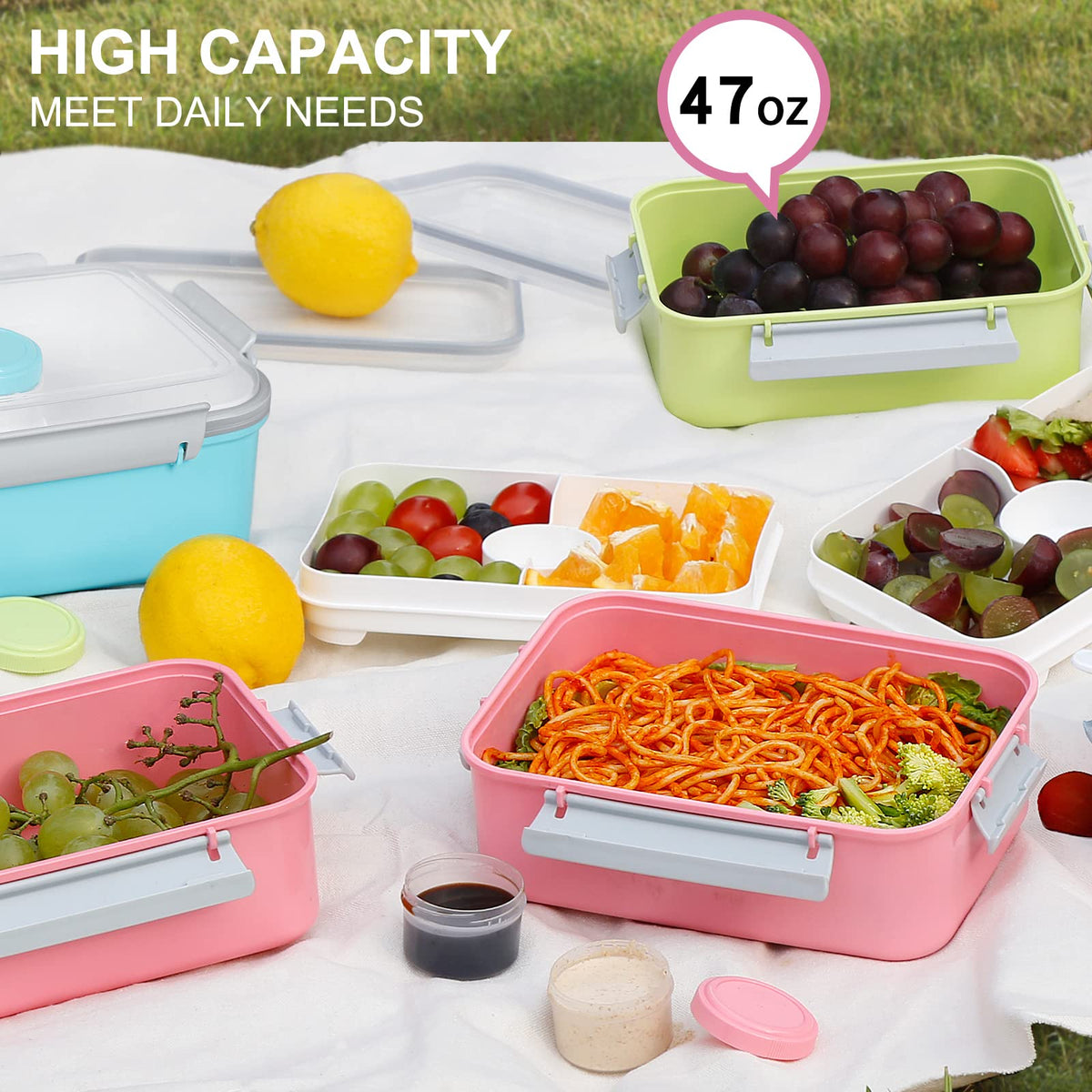 3 Pack Salad Lunch Box Food Storage Containers, 47oz Bento Box To Go Container with Lids, ReusableMeal Prep Containers with Removable Tray & Dressing Pots for Kids and Adults, Microwavable