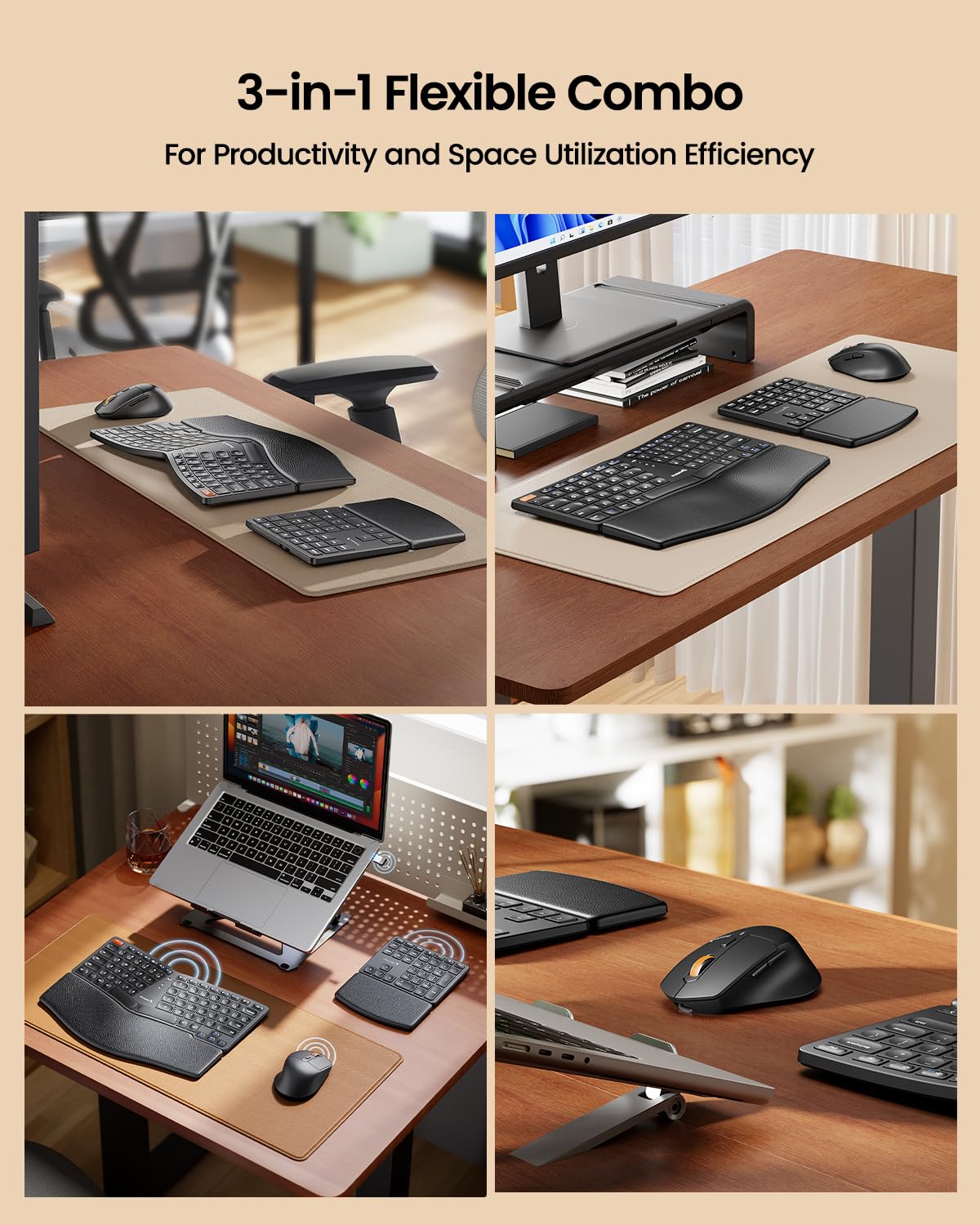 ProtoArc Ergonomic Keyboard Mouse, EKM04 2.4GHz USB Wireless Ergo Keyboard Mouse Combo with Separate Numeric Keypad, Split Design, Hard Wrist Rest, Rechargeable, for Windows Desktop/PC/Laptop