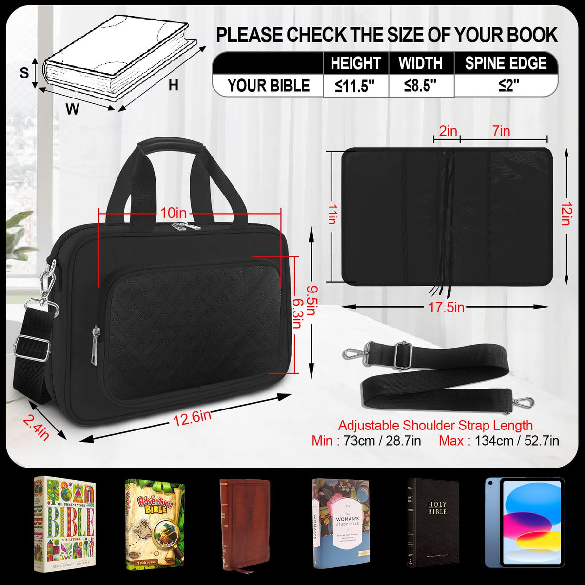 Large Bible Cover Case for Boys Mens, Book Carrying Case with Highlighters Tabs Pens, Bible Bag for Men Organizer, Bible Holder Bible Study Supplies Journaling Kit, Christian Gifts Black