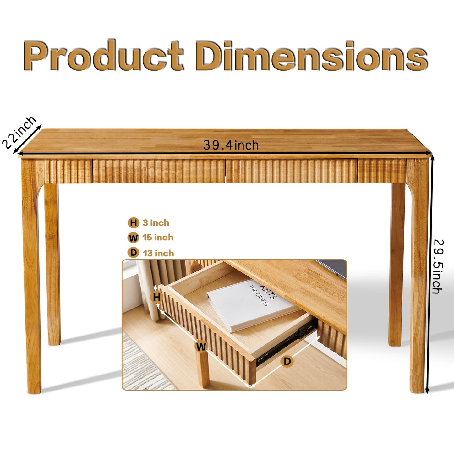 JTYP Solid Wood Desk with Drawers, Light Wood Desk for Small Spaces, Small Writing Desk for Bedroom, Gaming Study Home Office Wooden Desks for Work, 39 inch Wood Computer Desk