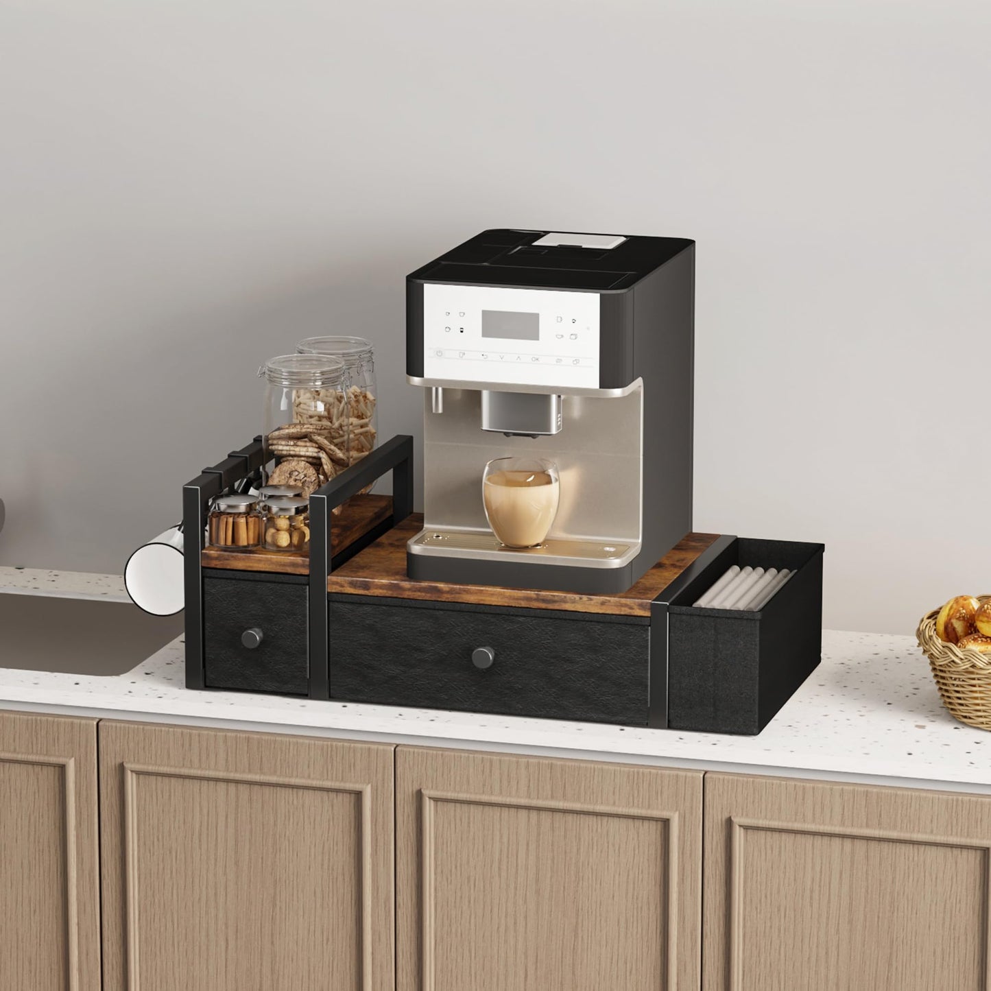 Homeiju Coffee Pod Drawers - K Cup Organizer, Nespresso Pods Holder with Mug Rack, Coffee Holder for Countertop, 52 Capacity Pods, Suitable for Kitchens, Offices and Coffee Bars(Brown)