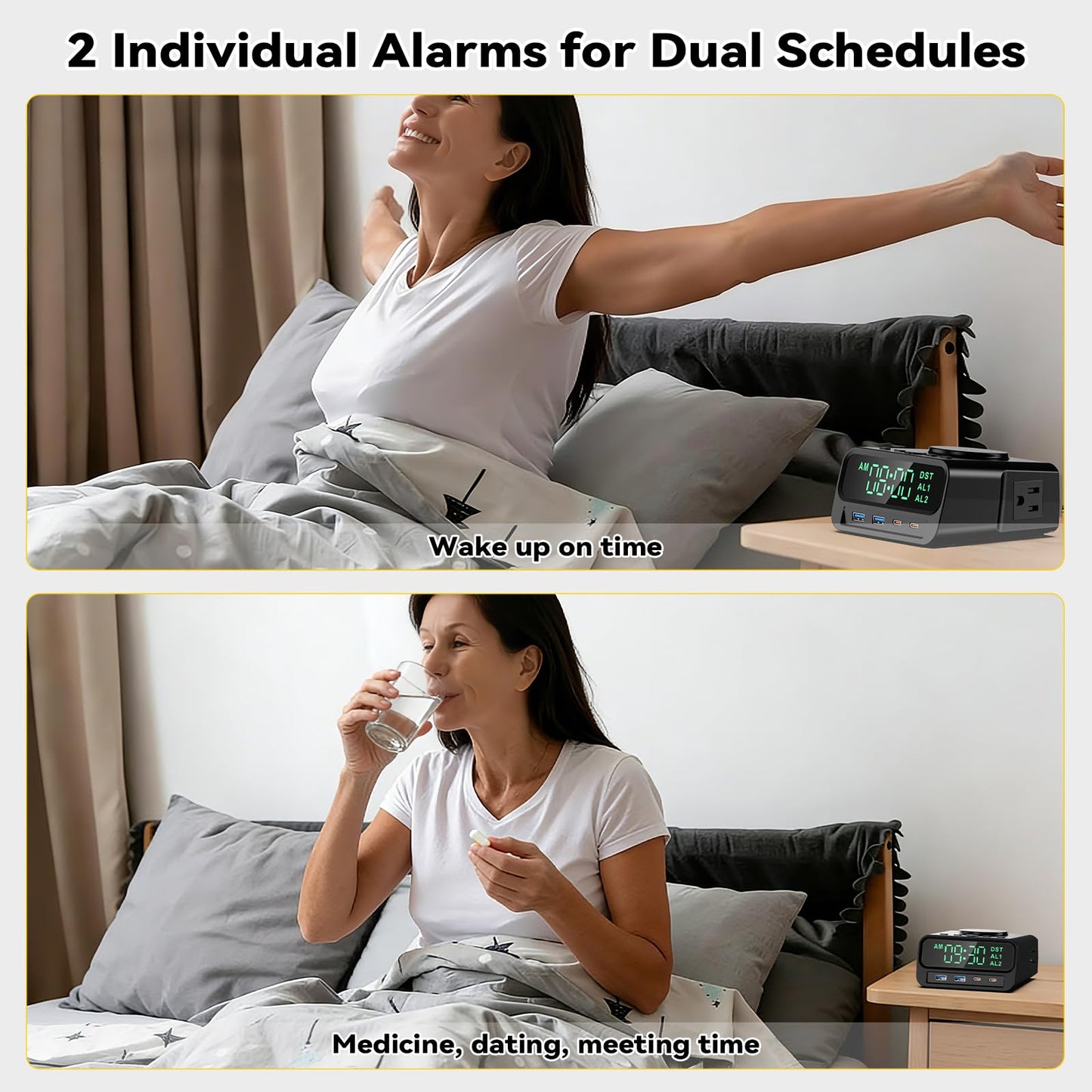 Kungfuking Digital Alarm Clock with Magsafe Wireless Charging 15W for Bedroom, Nightstand Dorm Room Hotel Clock, 4 USB A&C 55W Fast Charging, 2 AC Outlets, Dual Alarm Clock, Snooze, Dimmable, DST