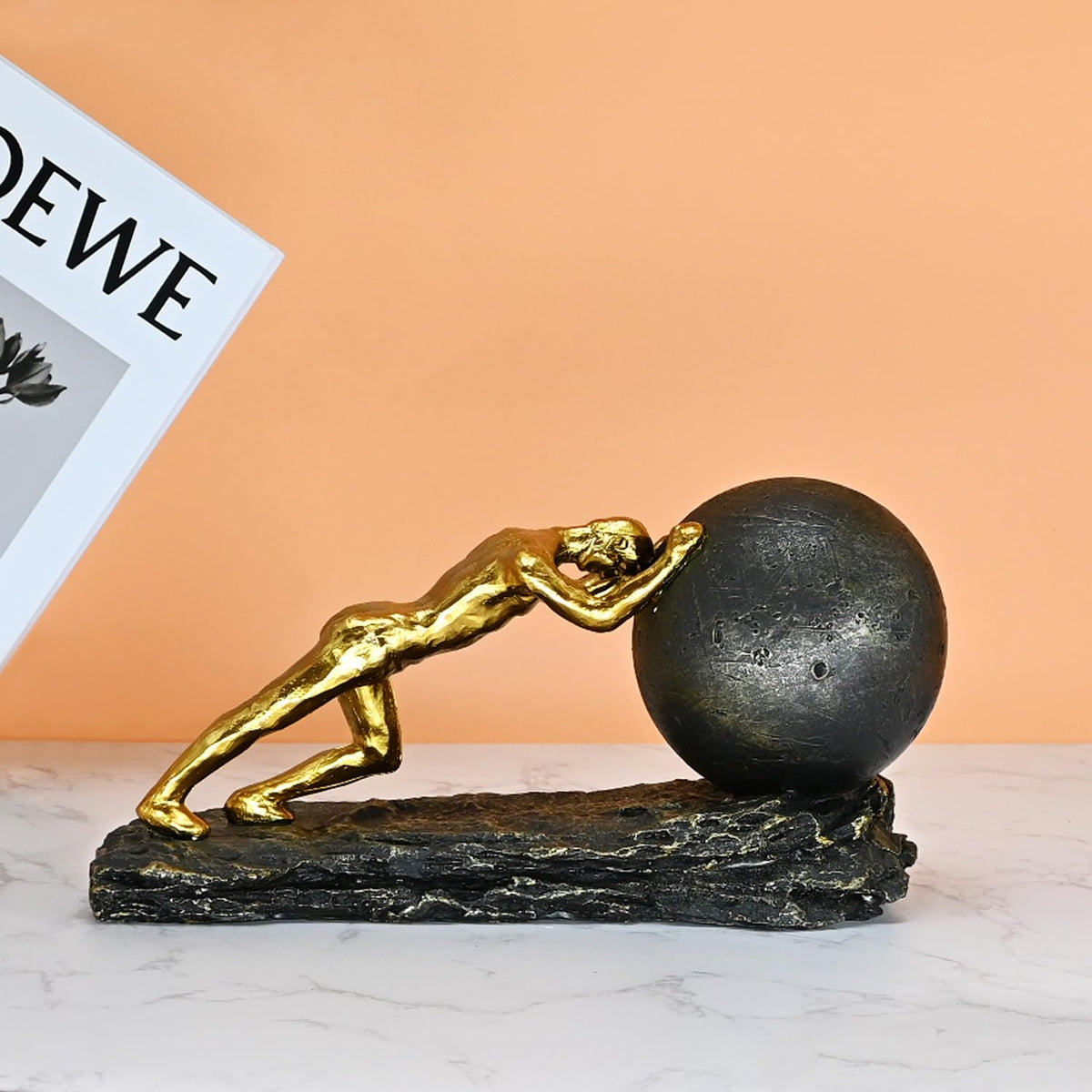 Juliahestia Modern Decorative Statues Apartment Decorations Contemporary Home Decor Sisyphus Rolling Boulder Sculpture Men House Living Room Aesthetic Man Cave Shelf Desk Masculine Office