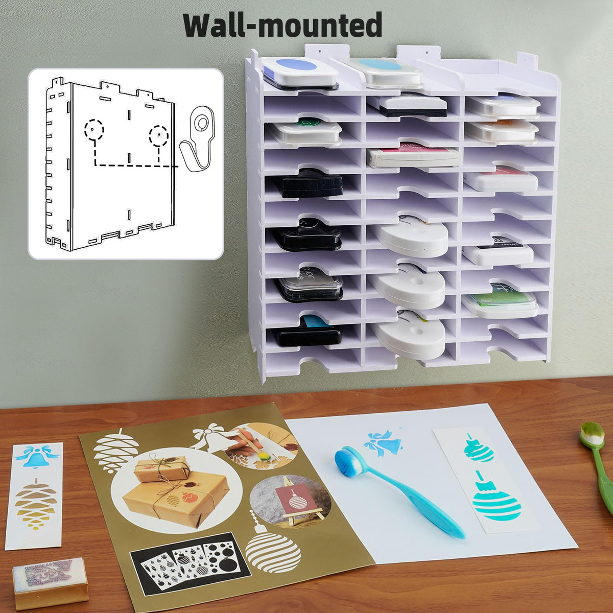 Sanfurney 36 Slots Ink Pad Storage Holder and Wall-Mounted Stamp Pad Organizer Rack for Standard Size Ink Pads, Stackable Christmas