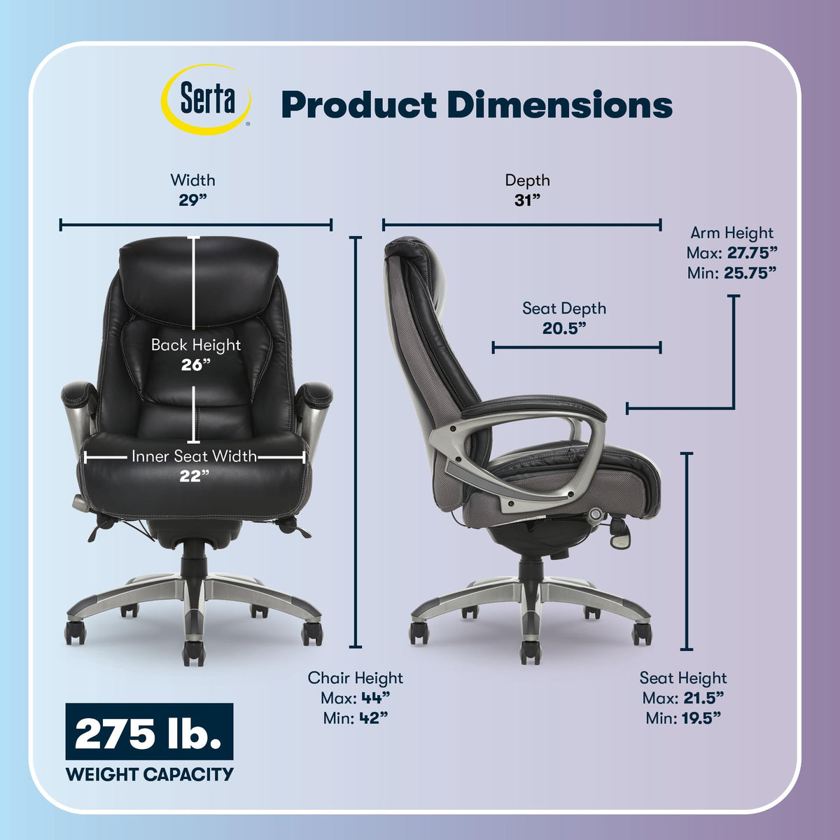 Serta Lautner Executive Home Office Desk Chair, Ergonomic High-Back with Adjustable Lumbar & Body Pillows, SmartLayers and ComfortCoils Technology, Mesh and Bonded Leather, Black/ Gray