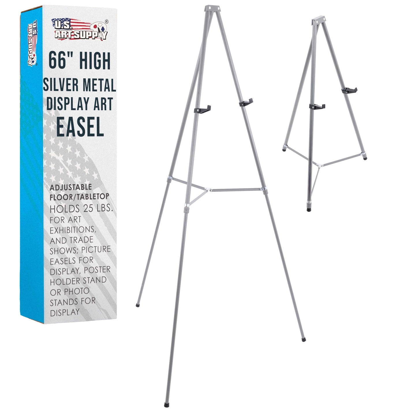 U.S. Art Supply 66" High Gallery Silver Metal Display Easel - Large Adjustable Height Portable Easel Stand, Sign Display, Holds 25 lbs - Floor & Tabletop Easels, Painting Stand