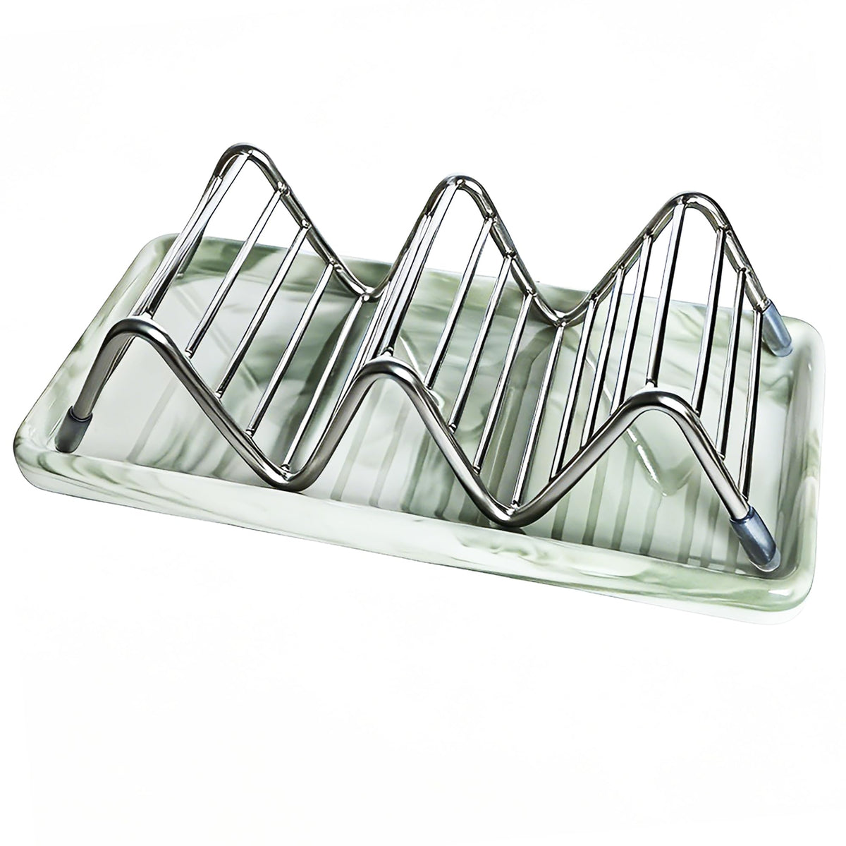 Lofekea Soap Dish, Stainless Steel Self Draining Shower Bar Soap Holder with Ceramic Dish Tray, W Style Soap Saver for Bathroom, Sink, Kitchen and Countertop(Green Texture)