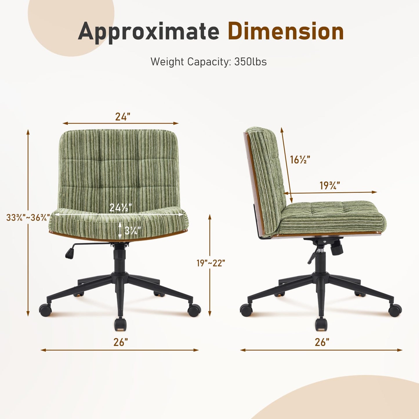 Furnimart Heavy-Duty Curved FSC Wood Desk Chair 360° Swivel,Premium Chenille Criss Cross Chair with Wheels Wide Seat, Comfy Armless Cross Legged Sitting for Bedroom, Office, Vanity(Green)