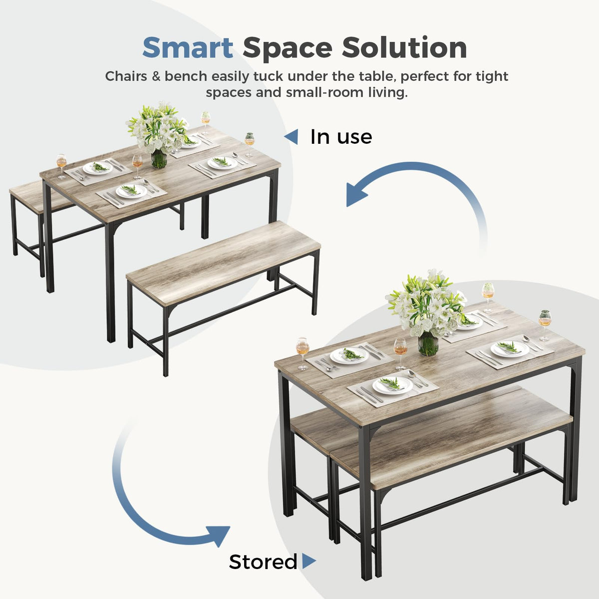 DUMOS Dining Table Set, Dining Table for 4 with Bench,Kitchen Table, Space-Saving Ideal 4-Person Set for Dining Room Kitchen Apartment Corner Grey 3 Pack