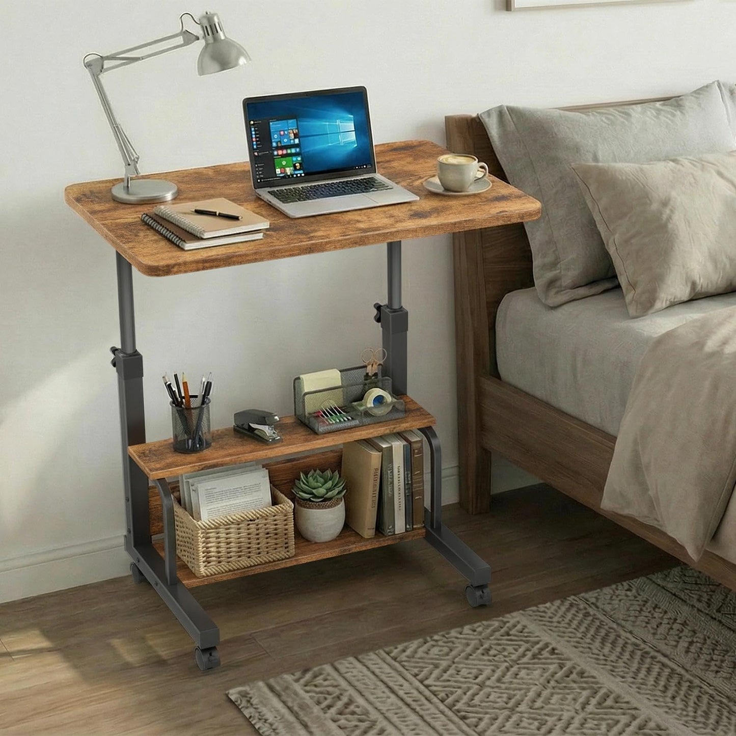 WINAZ C Shaped Rolling Laptop Desk - 32" Rustic Brown Mobile Portable Small Desk with Wheels for Small Spaces, Height Adjustable Overbed Table with 2-Tier Storage Shelves