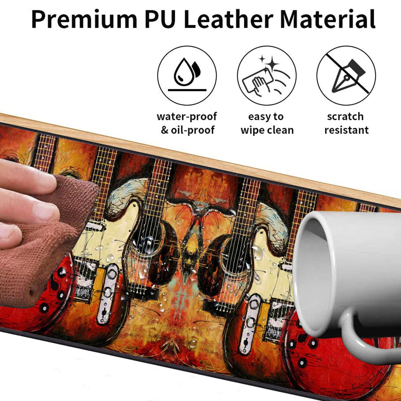 Extended Gaming Mouse Pad Desk Pad Keyboard Pad, Mouse Wrist Rest and Coaster, Anti-Slip Rubber Base Mouse Pad, Suitable for Gaming and Office, Guitar