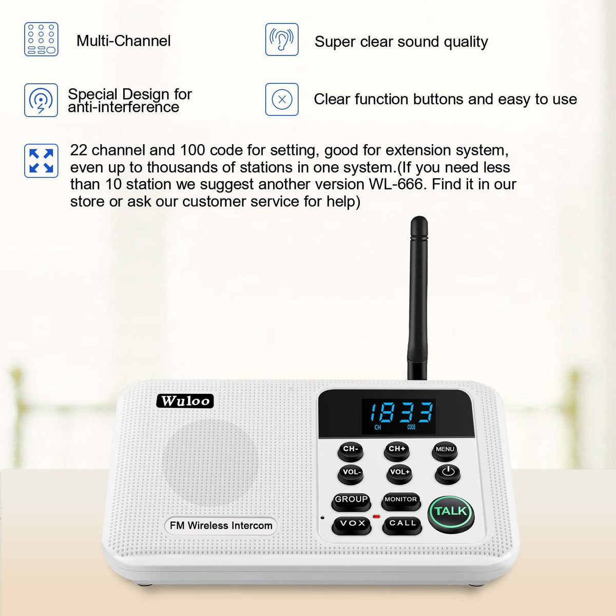 Wuloo Intercoms Wireless for Home 1 Mile Range 22 Channel 100 Digital Code Display Screen, Wireless Intercom System for Home House Business Office, Room to Room Intercom Communication (6 Packs, White)