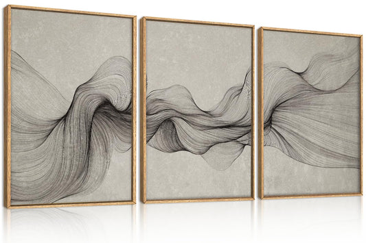 Aurlan Large Black Beige Neutral Abstract Framed Canvas Wall Art Set, Modern Black Wave Lines Wall Decor,Minimalist Smoke Ink Shapes Artwork for Living Room,Bedroom,Office-24 x36 x3