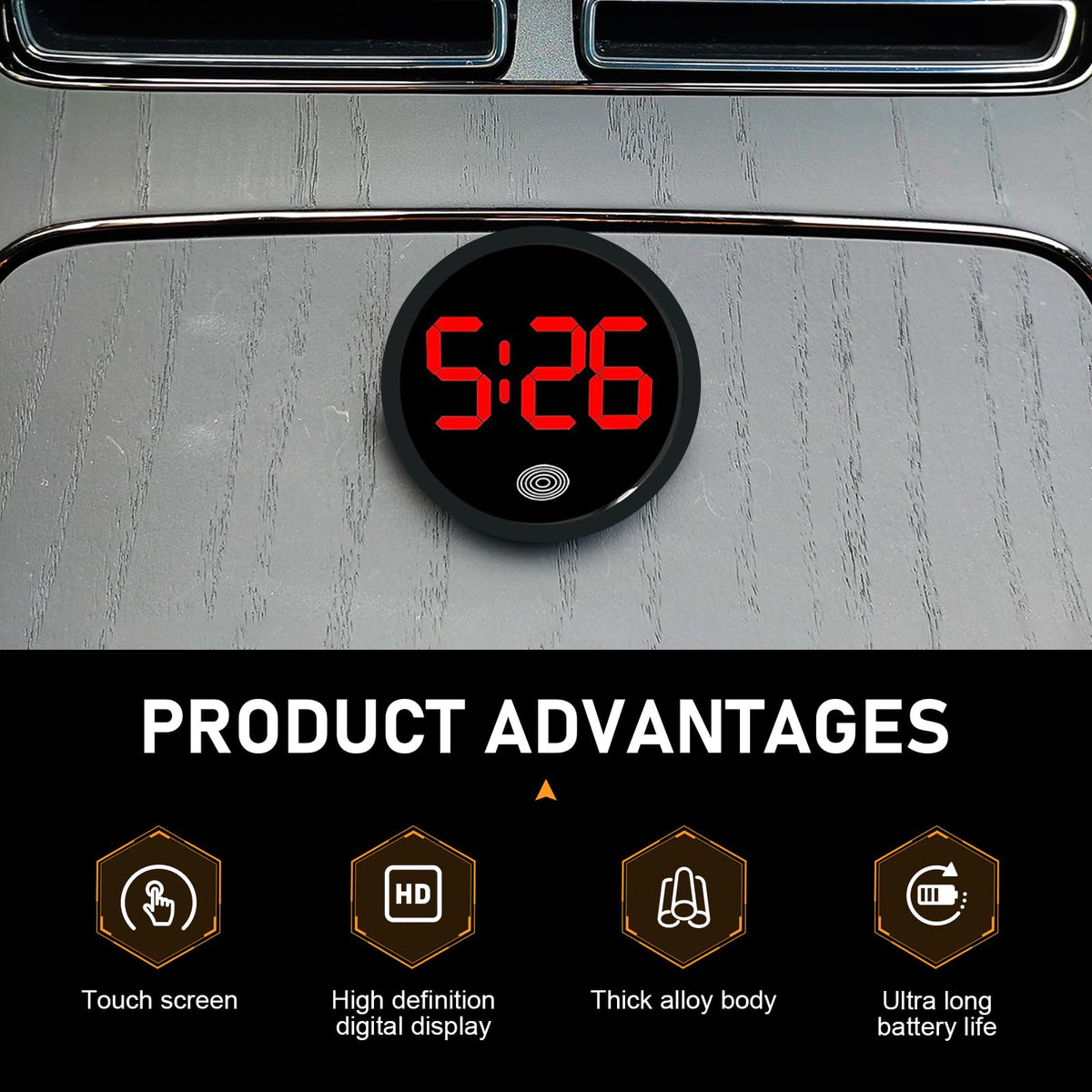 Zehiony Car Digital Clock, Touch Night Light LED Display Screen Clock, Round Shock-Resistant Alloy Dashboard Watch with 12H System, Self-Adhesive Mini Watch for Car & Home & Office (Red)